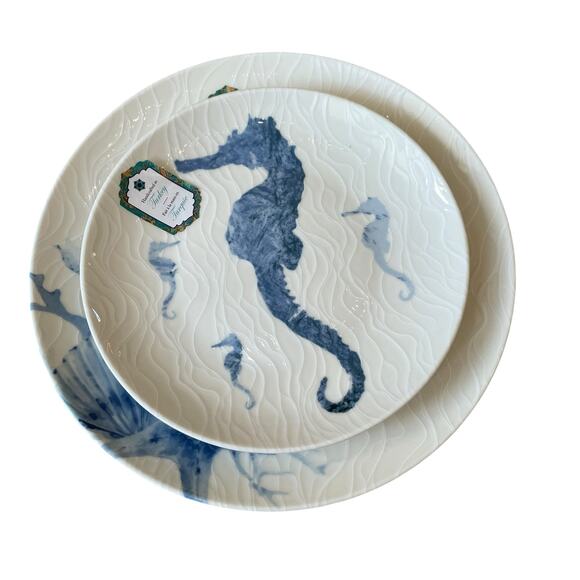 INTESA HOME Sea Life Blue Seahorse Porcelain Salad & Dinner Plate Set of 2 NEW - Picture 13 of 15